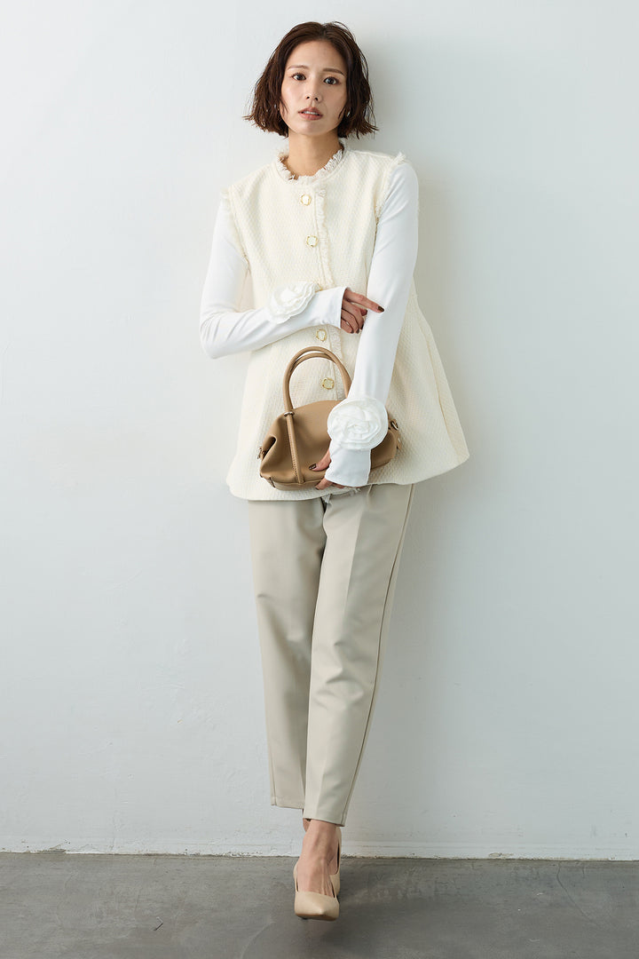 [予約/SET]フラワーモチーフポイントカットトップス+ツイードペプラム美フォルムジレ+タックテーパードパンツ(3set)