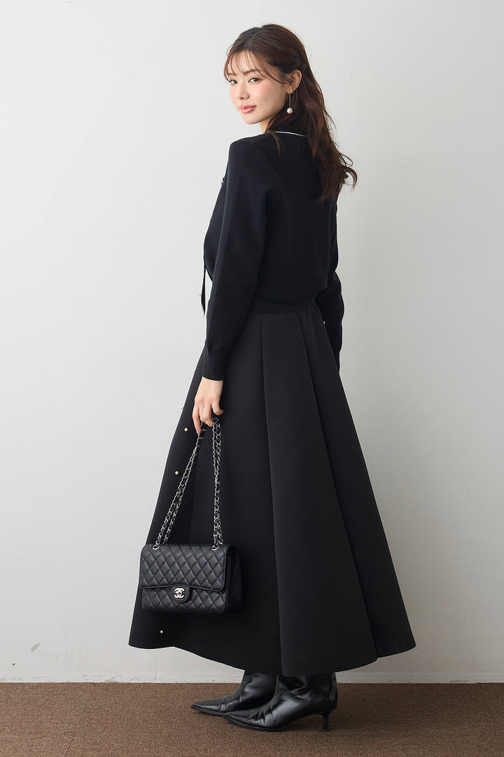 [予約/SET]配色ボウタイリボンニット+マルチパターンボンディングフレアスカート(2set)