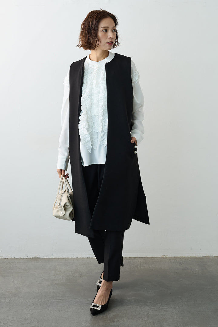 [予約/SET]Iラインフリルホイップブラウス+ポケットパール付きボンディングロングベスト(2set)