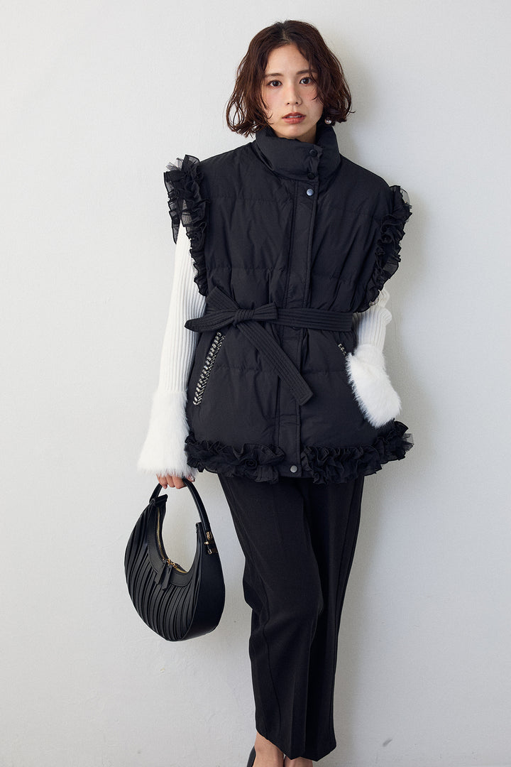 [予約/SET]フェザー切替スリーブフレアニット+フリルチュールスリーブ美ラインベスト+ウォームセンタープレス美ラインテーパードパンツ(3set)