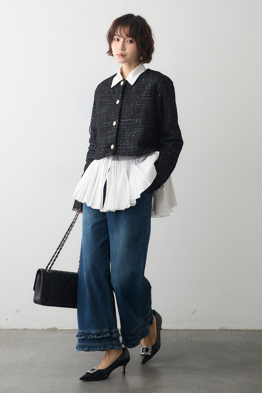 [予約/SET]パネルフレアヘムシャツ+ツイード×チュールレイヤードクロップドジャケット(2set)