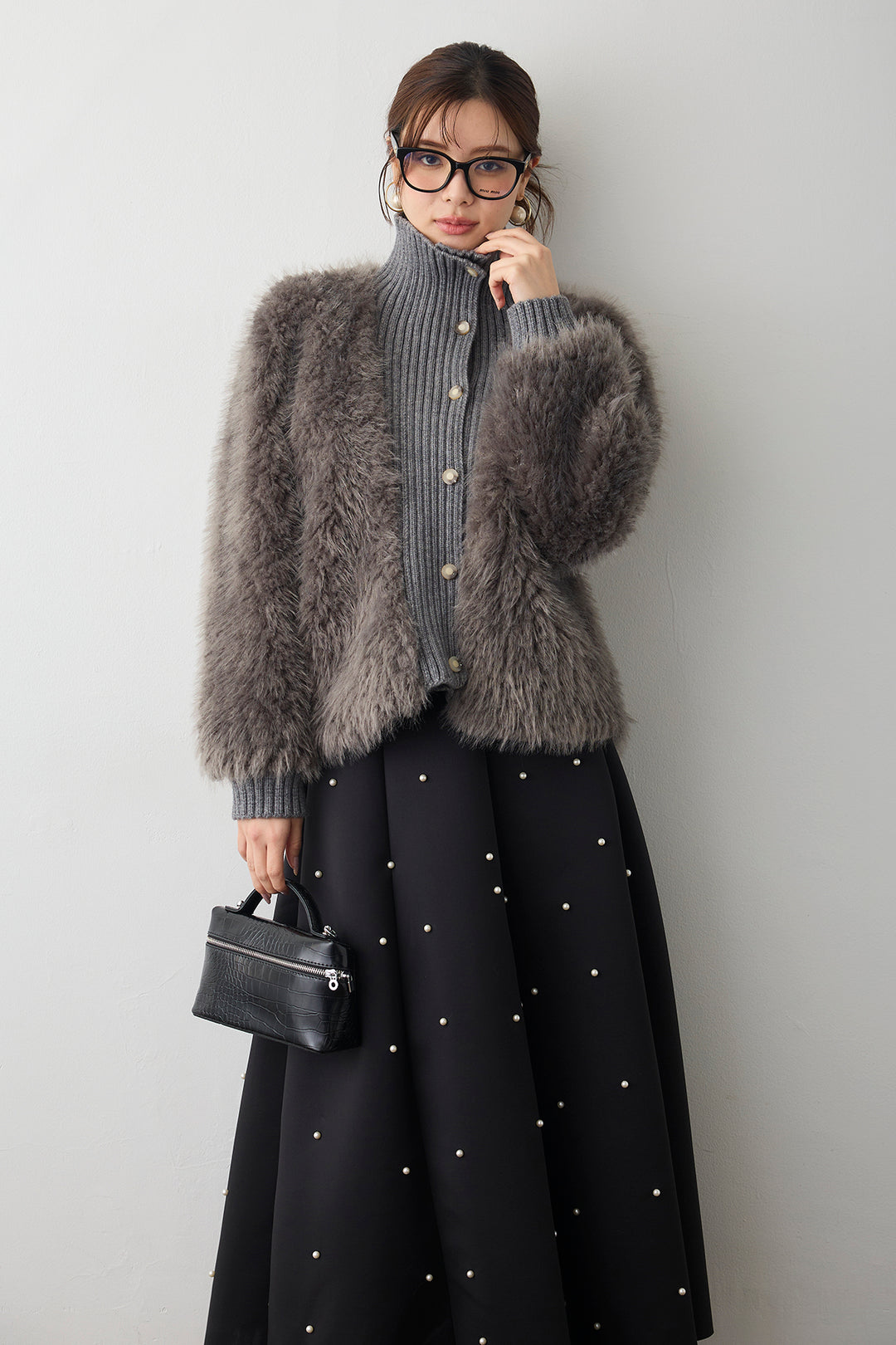 [予約/SET]シャギーファー×リブニットミックスジャケット+マルチパターンボンディングフレアスカート(2set)