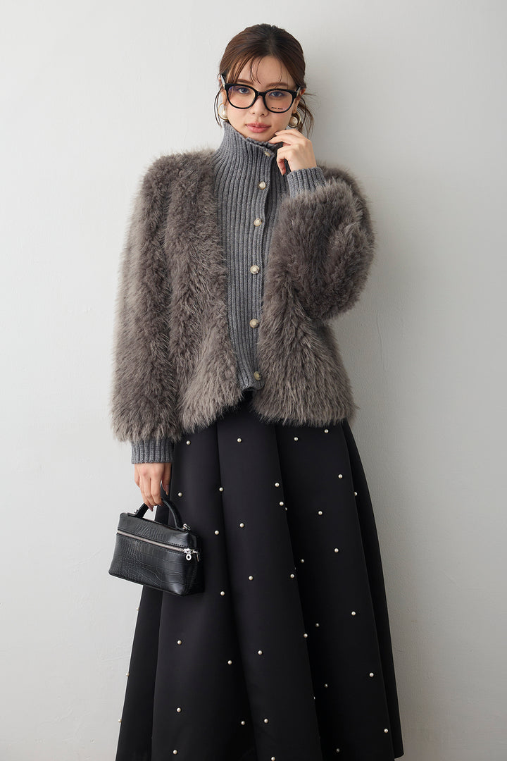 [予約/SET]シャギーファー×リブニットミックスジャケット+マルチパターンボンディングフレアスカート(2set)