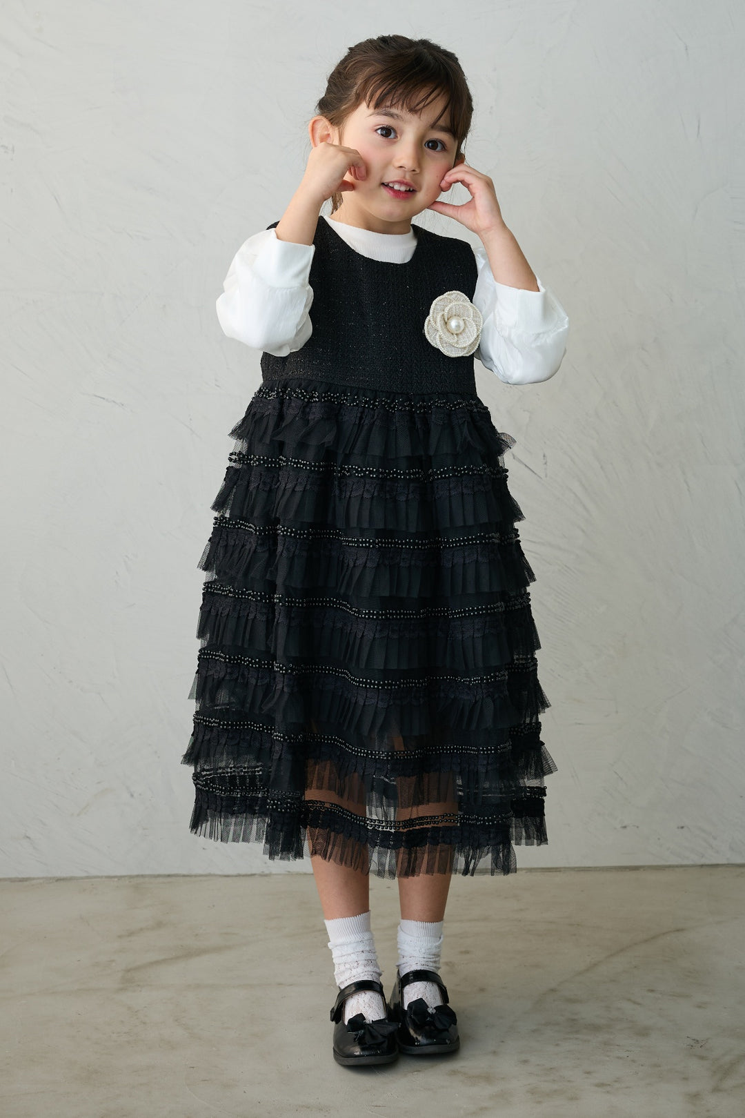 [予約](kids)ティアードプリーツパールワンピ