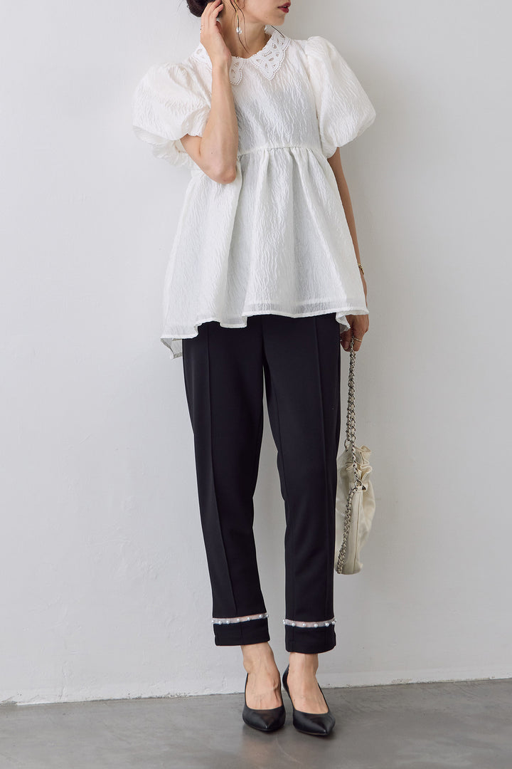 [予約/SET]レース襟パフスリーブワッシャーブラウス+シアーパールヘムテーパードパンツ(2set)