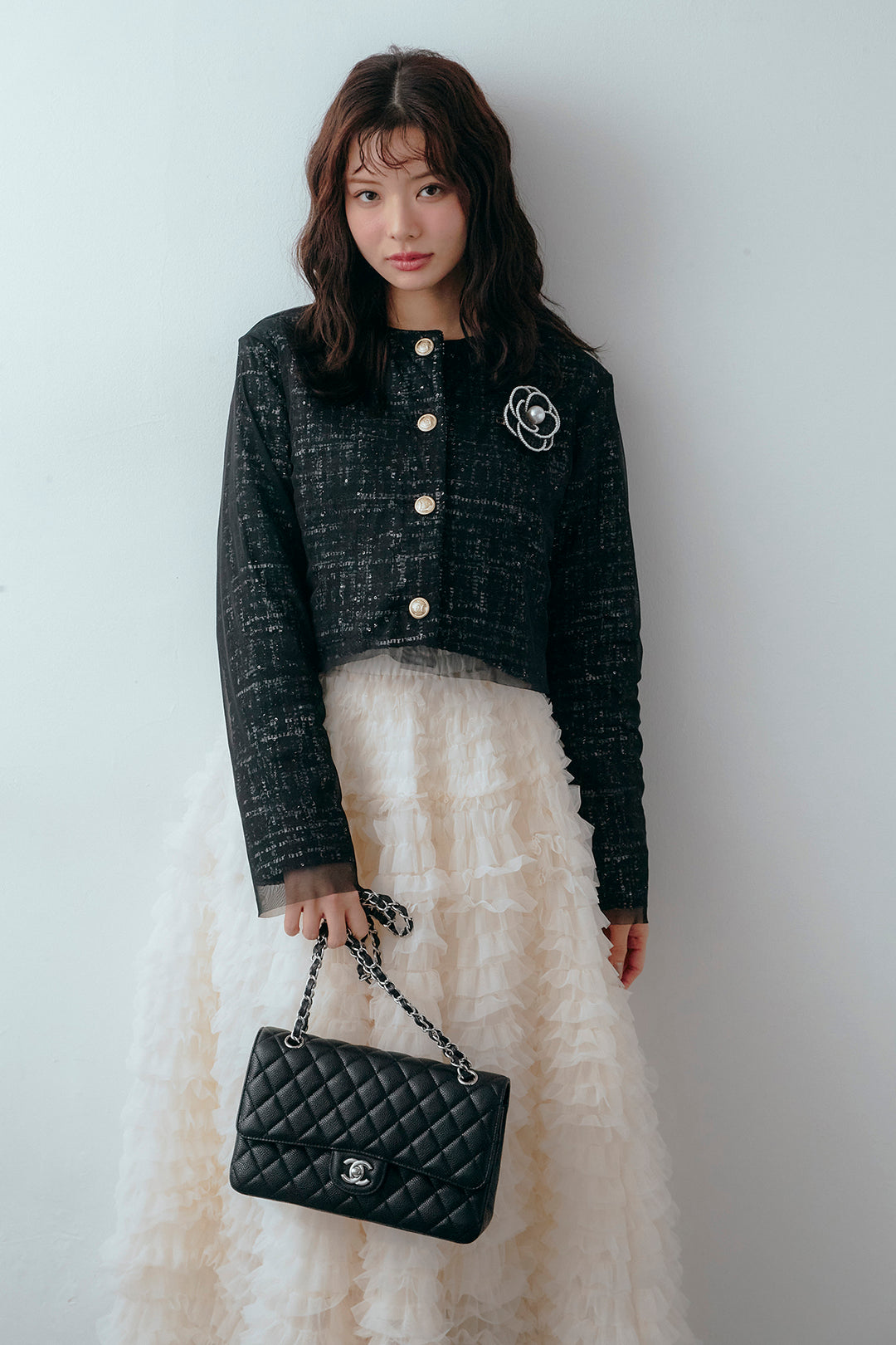 [予約/SET]ツイード×チュールレイヤードクロップドジャケット+ホイップチュールティアードスカート(2set)