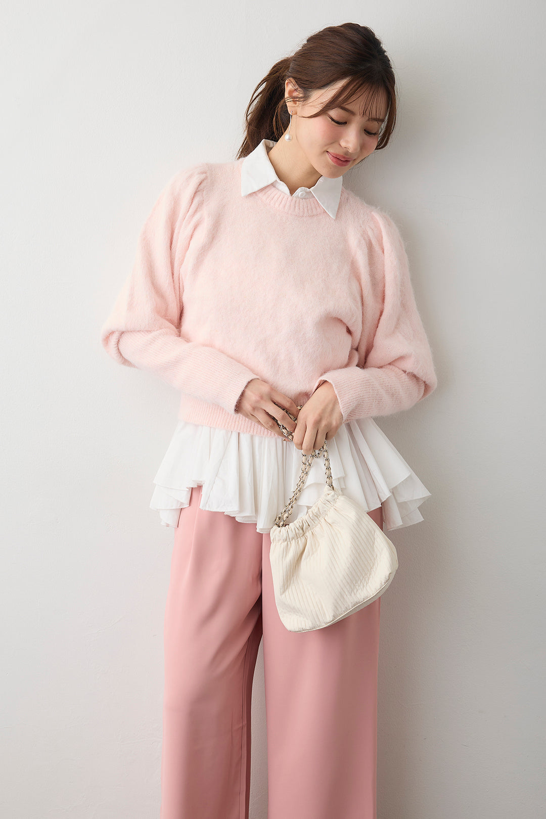 [予約/SET]モヘアパフスリーブプルオーバー+パネルフレアヘムシャツ+とろみドロストワイドパンツ(3set)