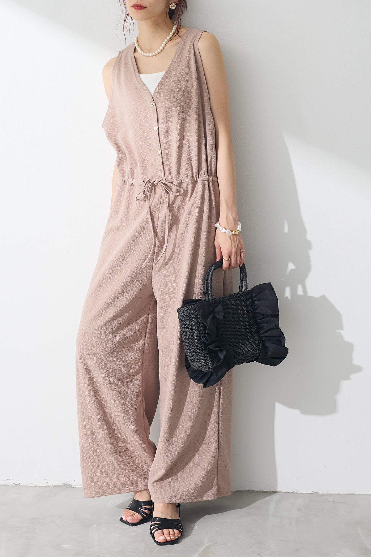 予約]ドローストリングVネックオールインワン – Frene