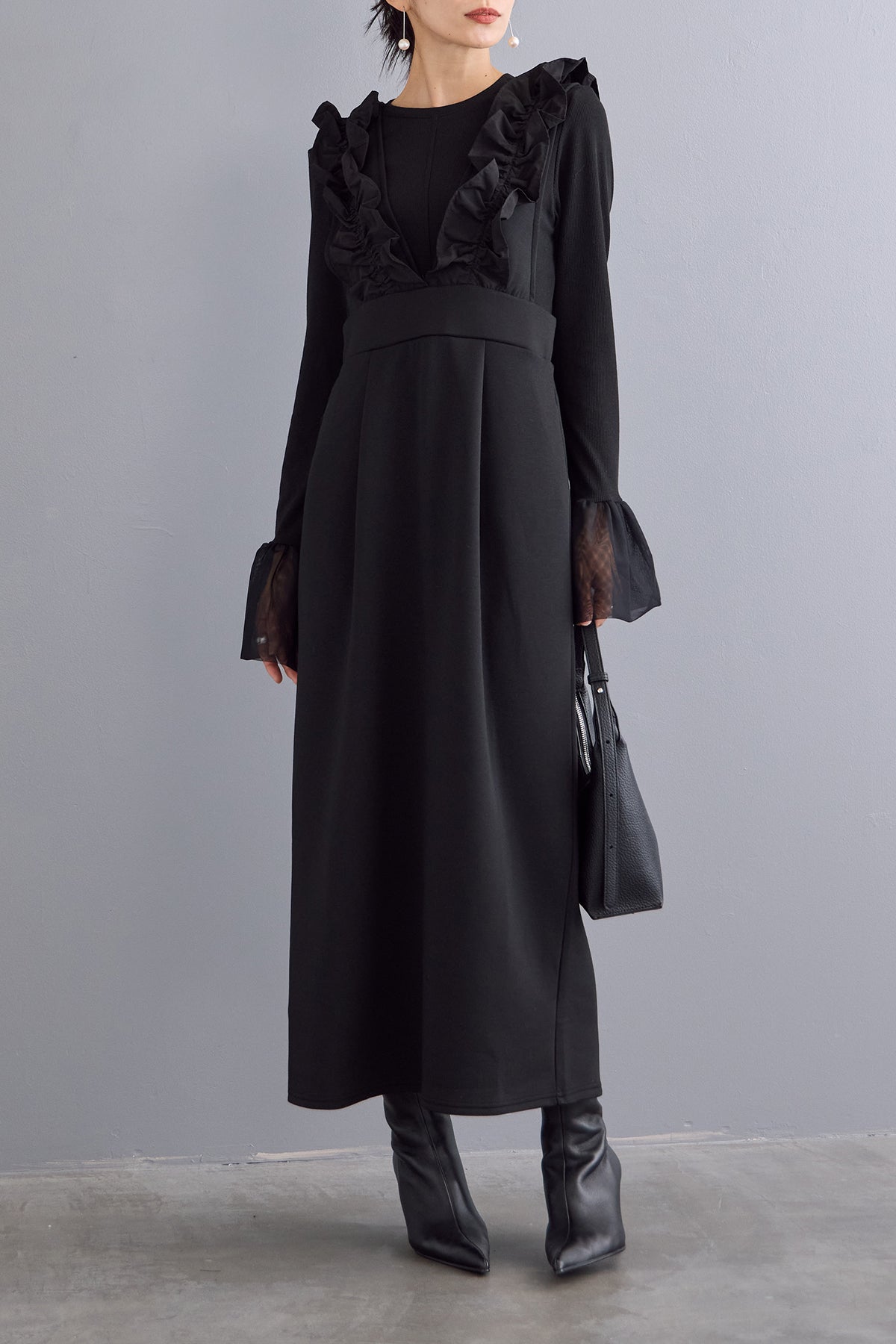 予約/SET]チュールシアーカフスリブニット+異素材フリル