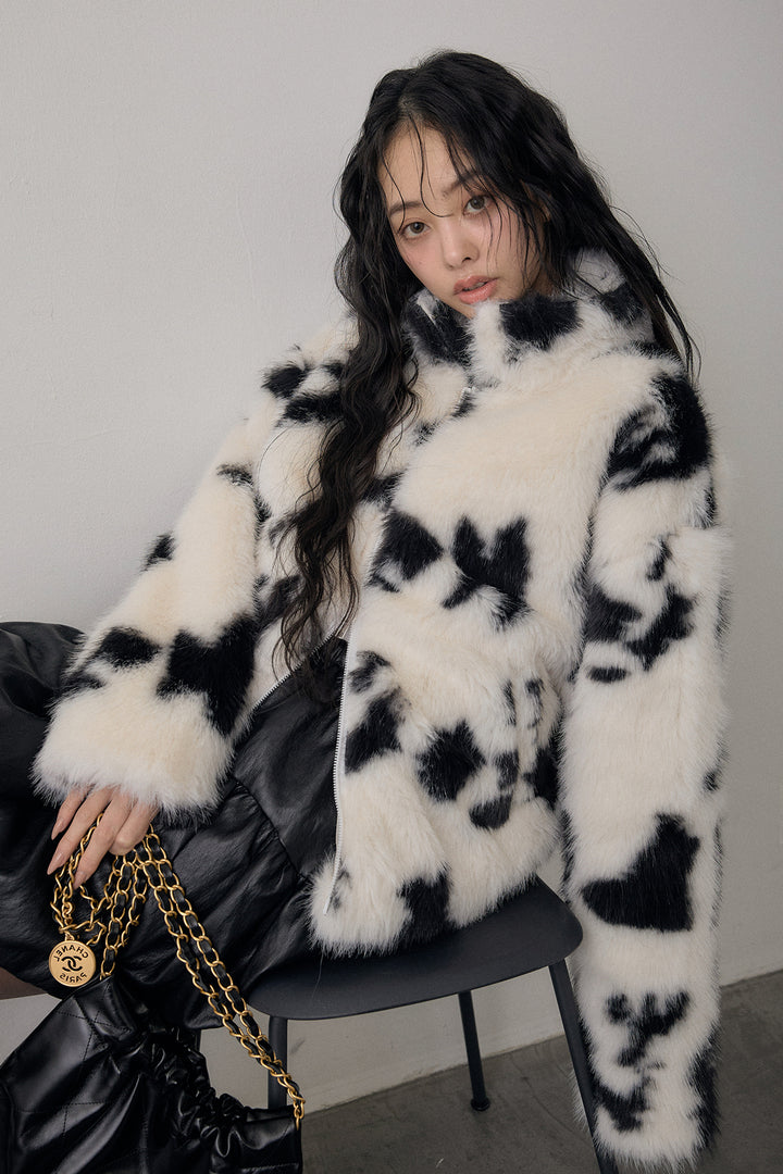 [予約]COW柄スタンドファーライクコート