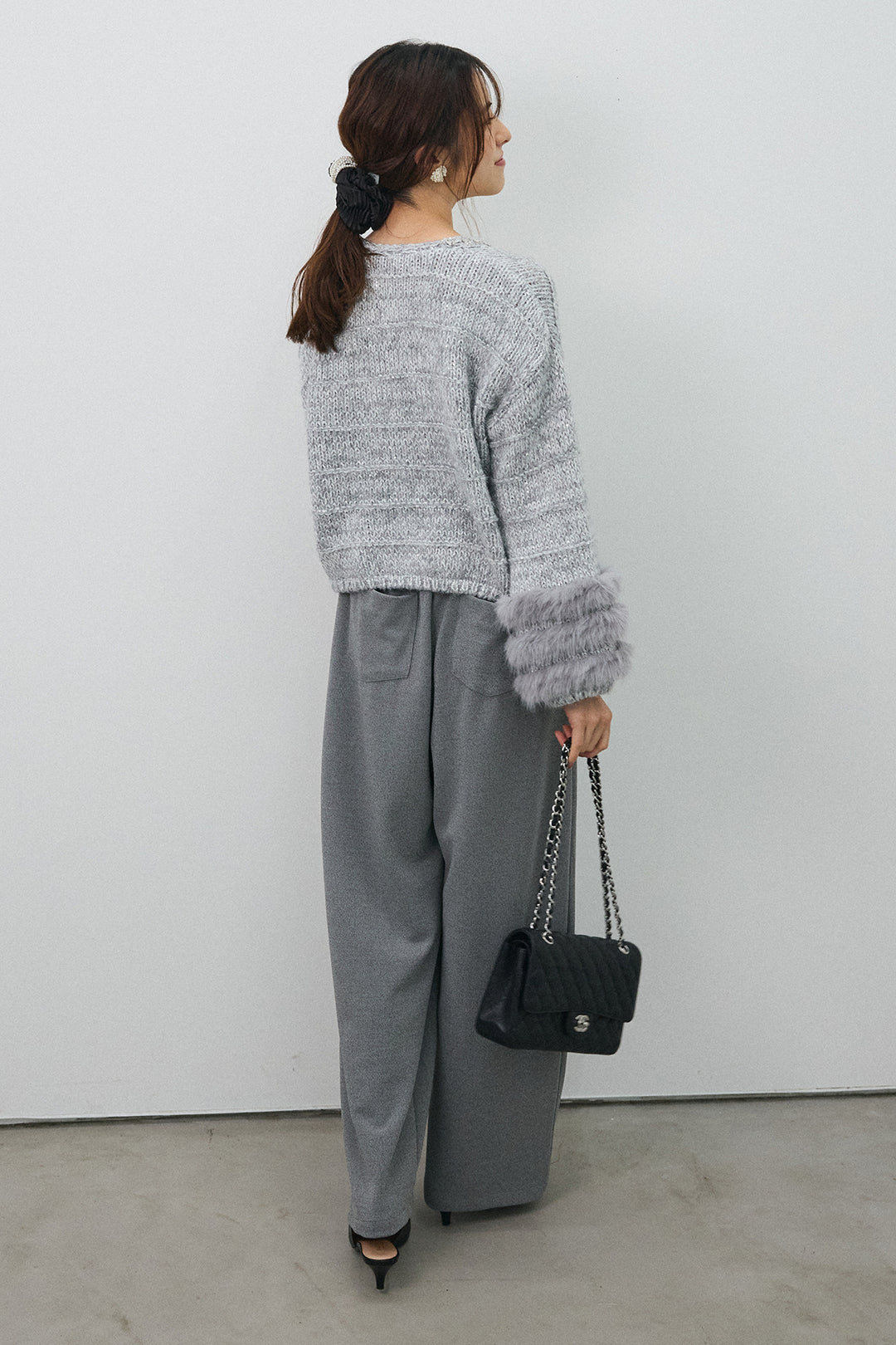 [予約/SET]ネックビジューラインファーニットカーデ+2タック美シルエットパンツ(2set)