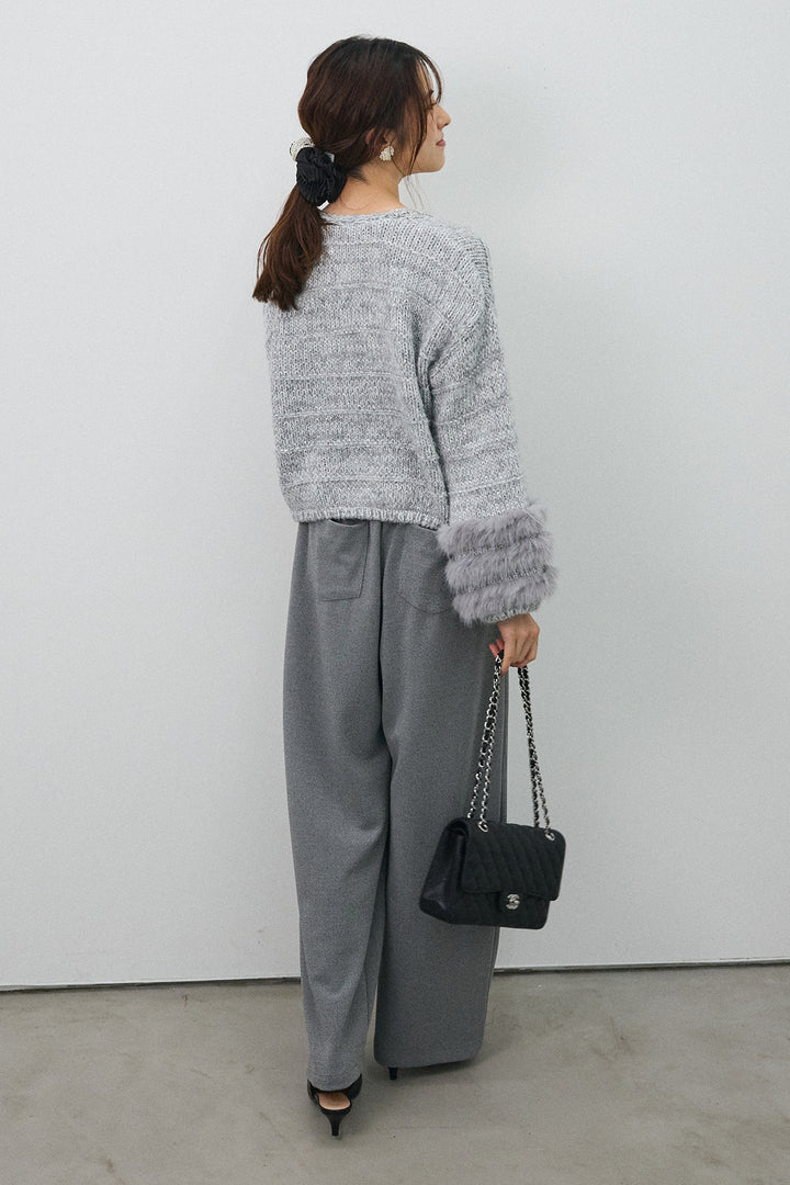 [予約/SET]ネックビジューラインファーニットカーデ+2タック美シルエットパンツ(2set)