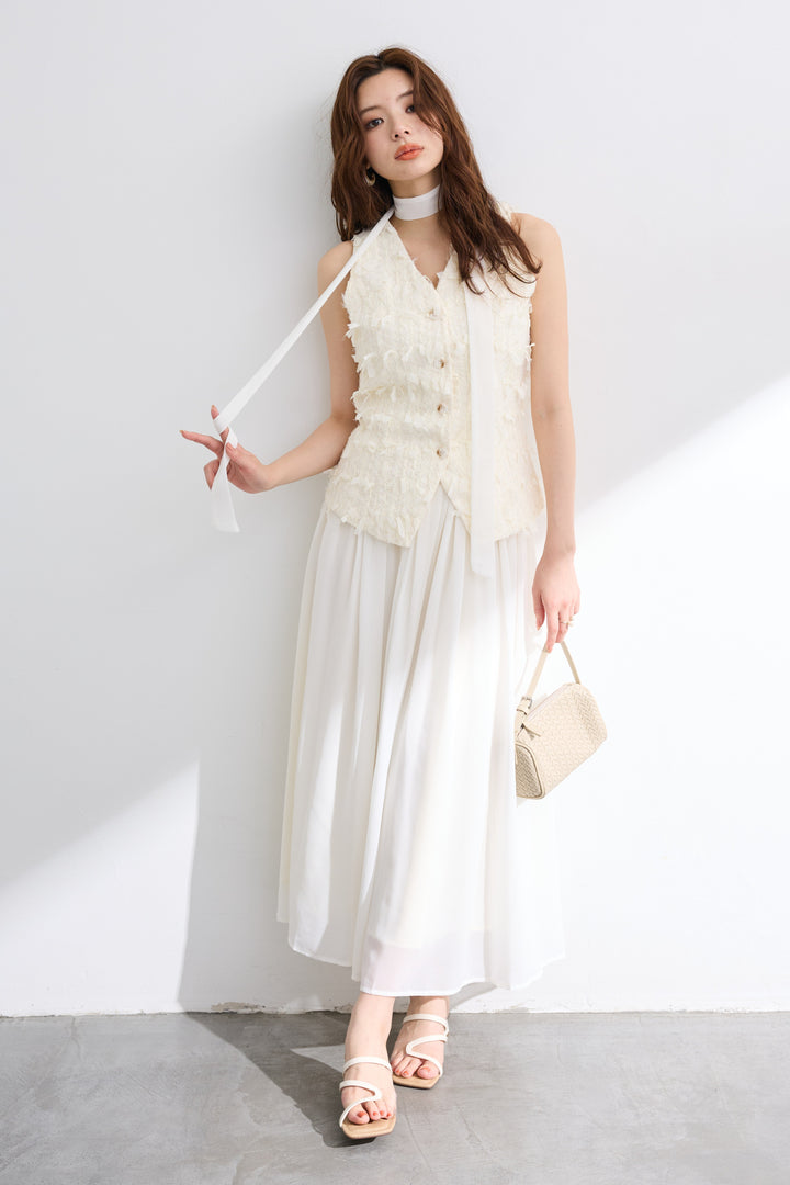 [予約]リボンフリンジベスト＆シフォンスカートセットアップ