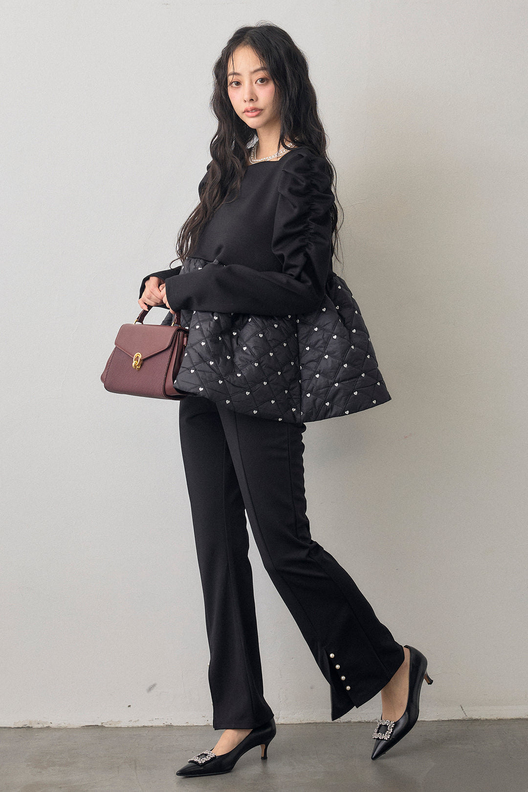 [予約/SET]ハートキルティングドッキングぺプラムチュニック+センタースリットパールパンツ(2set)