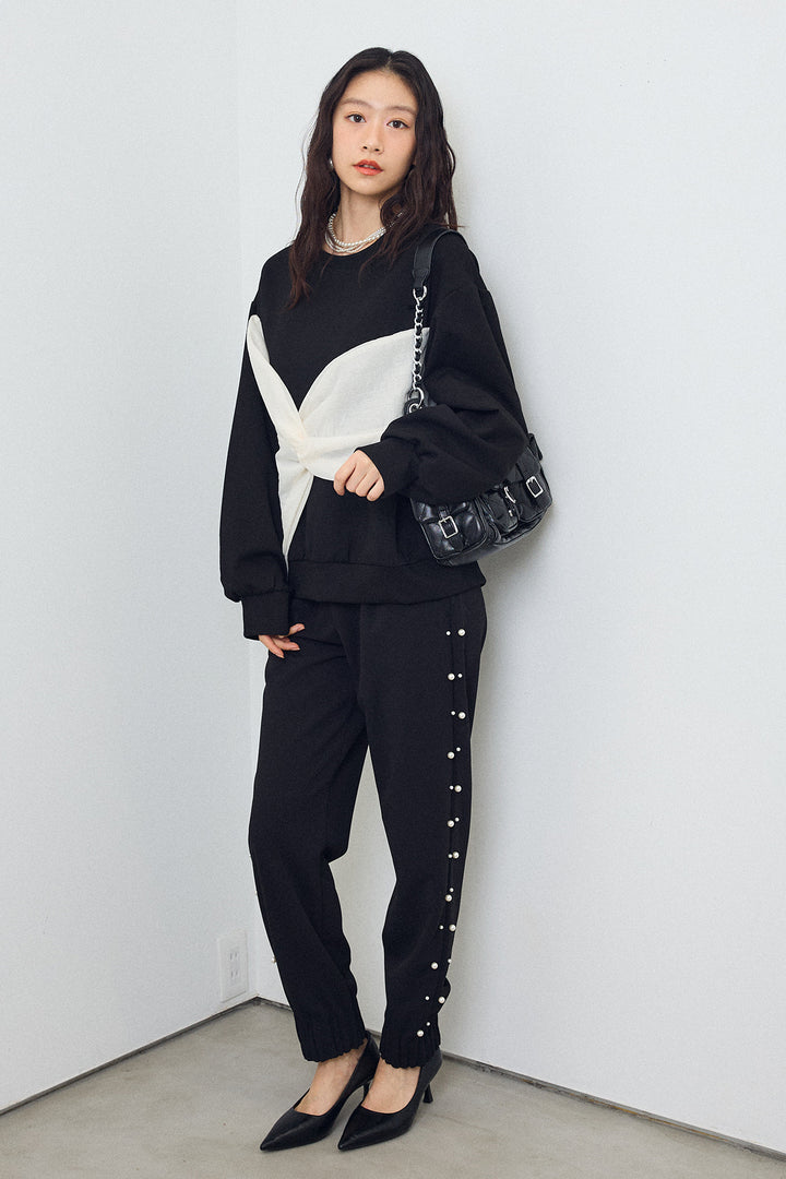 [予約/SET]オーガンジーBIGリボンプルオーバー+サイドパール裾タックジョガーパンツ(2set)