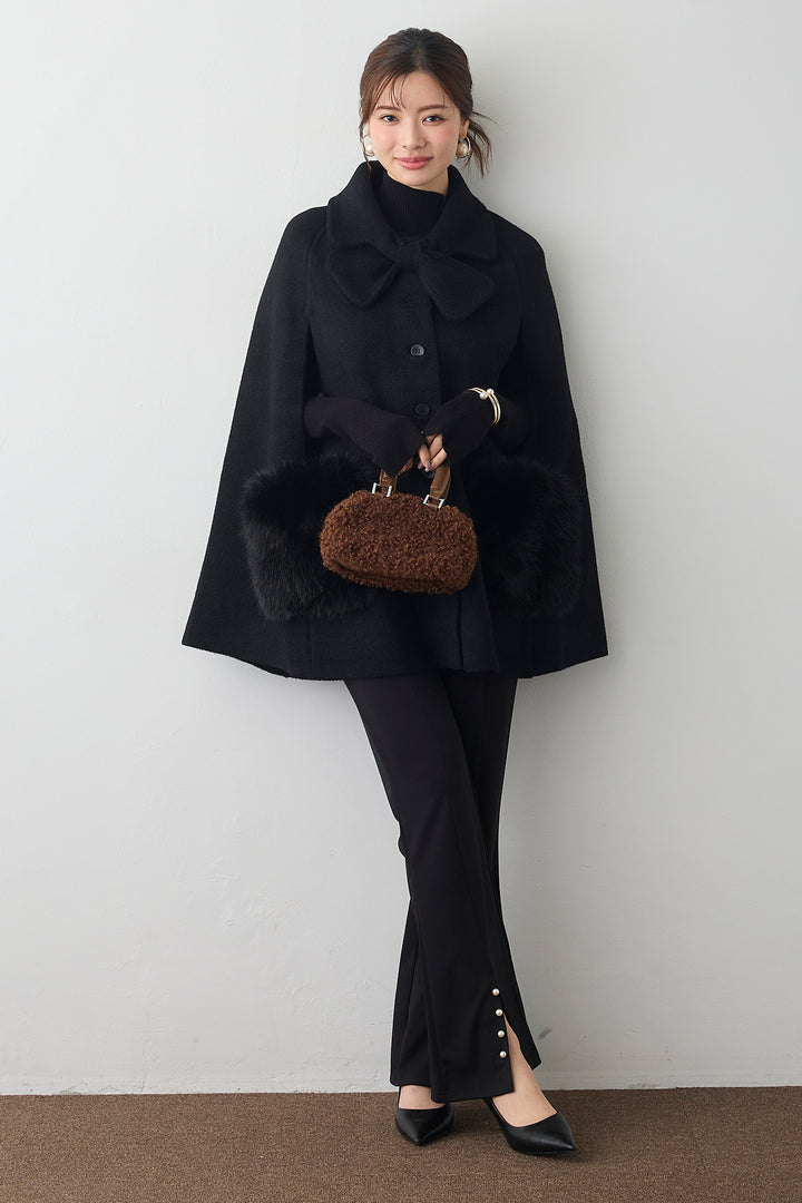 [予約/SET]ベーシックフィンガーホールリブニット+ウールタッチファーポケットポンチョコート+センタースリットパールパンツ(3set)