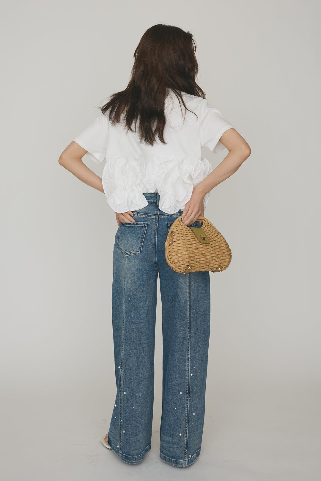 [予約/SET]フリルウェーブヘムカットTシャツ+パールラインストーンハイウエストデニム(2set)