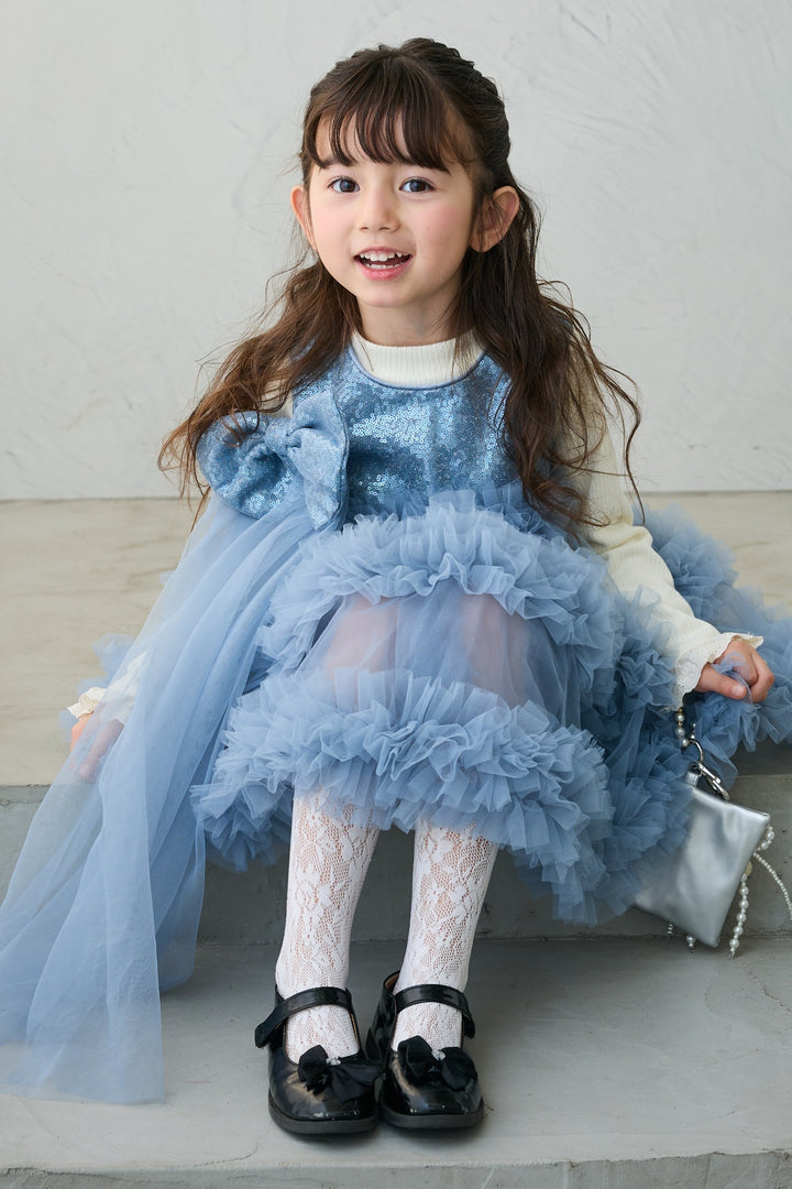 [予約](kids)スパンコールリボンホイップチュールワンピセット