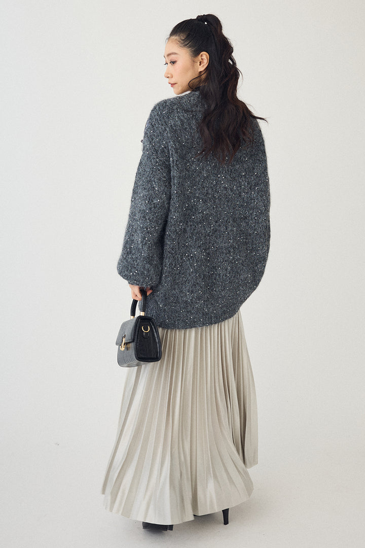 [予約/SET]ビーズフラワースパンコールシャイニーニットカーデ+シャイニープリーツサテンスカート(2set)