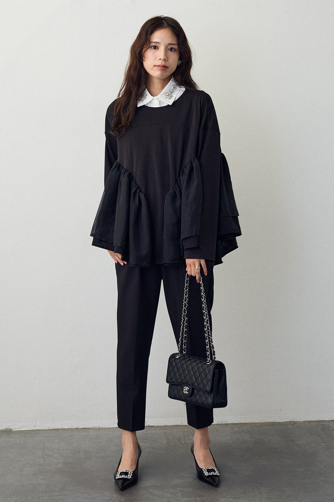 [予約/SET]ビジュー付け襟+フリルテール異素材切替チュニック(2set)