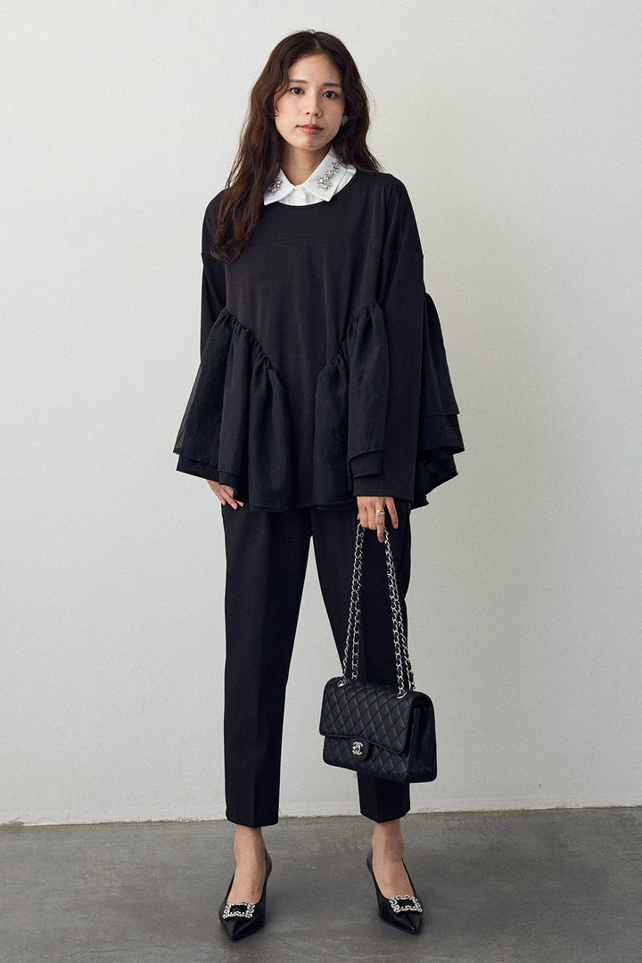 [予約/SET]ビジュー付け襟+フリルテール異素材切替チュニック(2set)