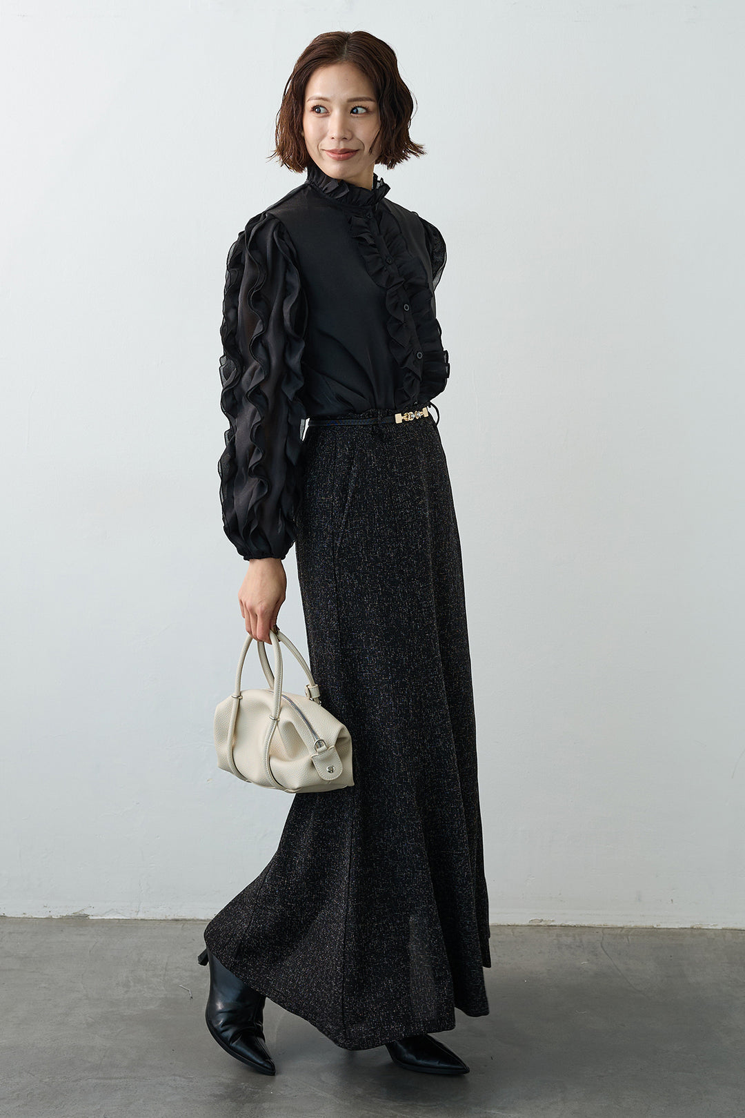 [予約/SET]エアリーフリルブラウス+スラブネップツイードフレアスカート(2set)