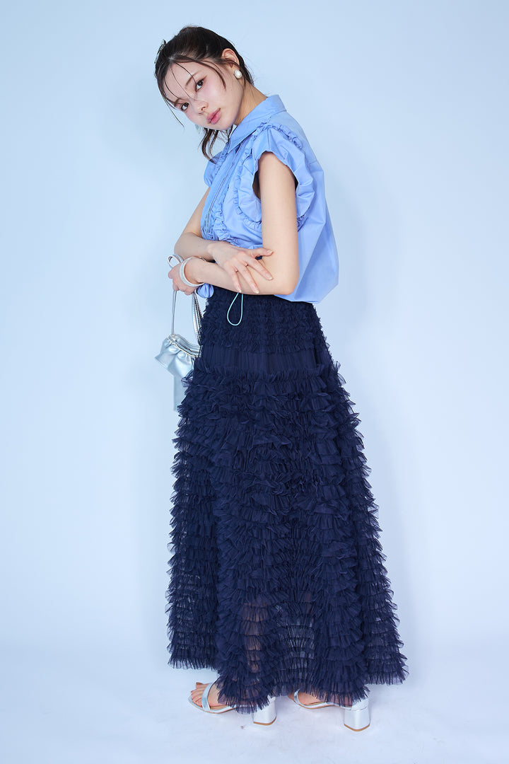 [予約/SET]ミックスフリルピンタックサイドドロストブラウス+ホイップチュールティアードスカート(2set)
