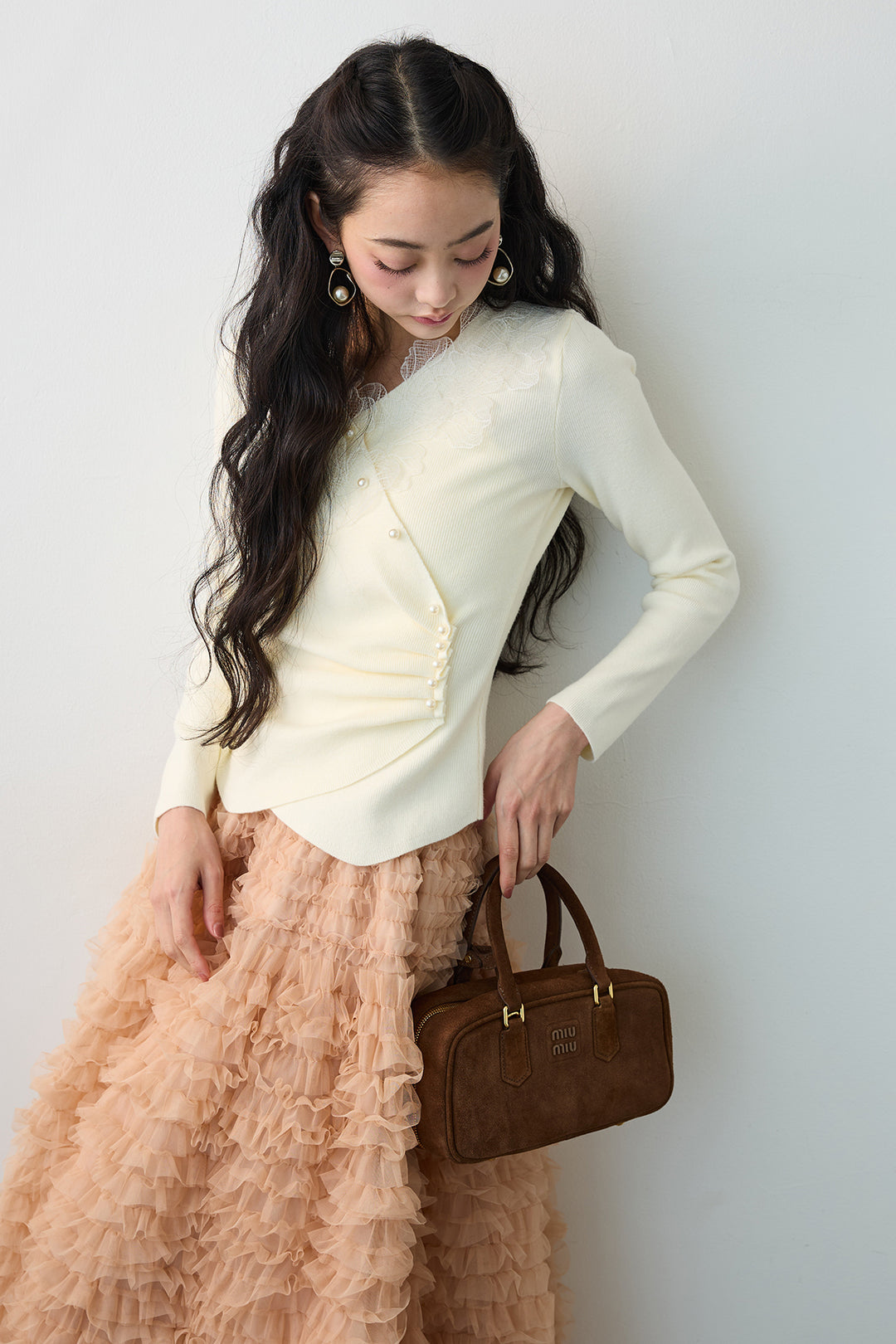 [予約]タックパールデザインレースニット