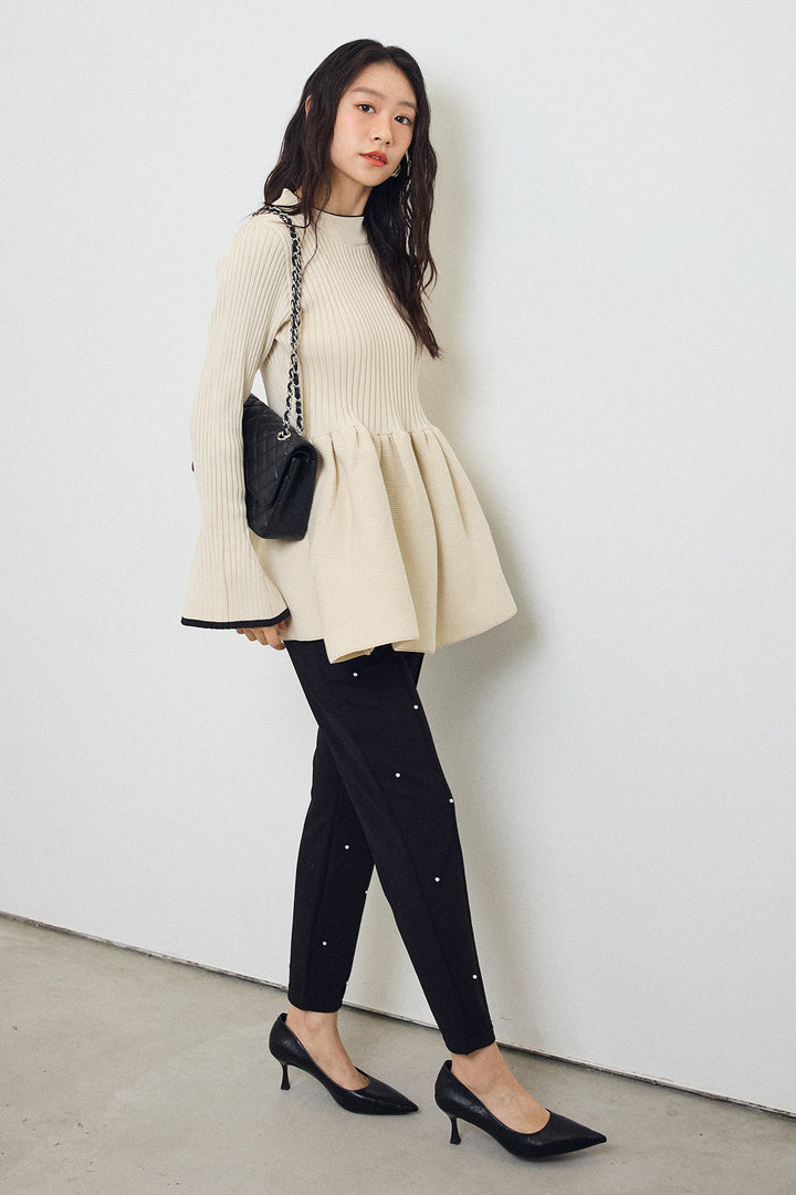 [予約/SET]リブフレア配色スリーブペプラムニット+センターシームランダムパールパンツ(2set)