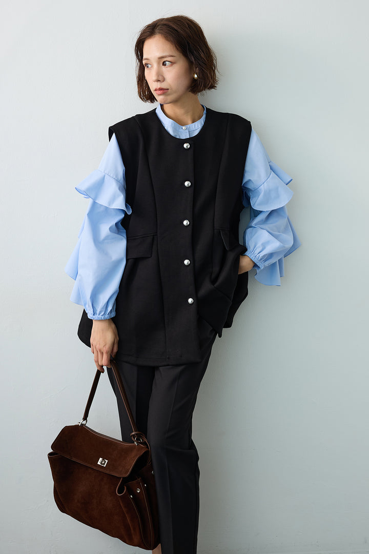 [予約/SET]ティアードフリルスリーブパールボタンブラウス+ペプラムラインシルバーボタンジレ(2set)