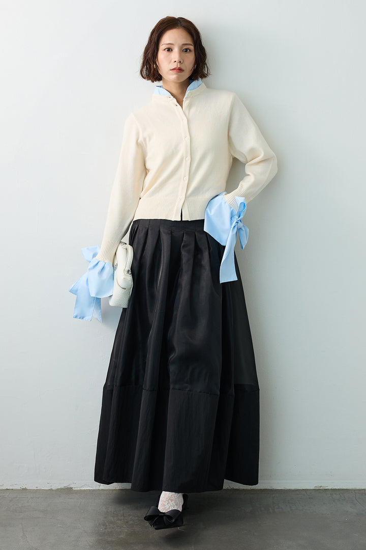 [予約/SET]BIGリボンカフスデザインニットドッキングカーデ+オーガンジー×タフタコクーンスカート(2set)