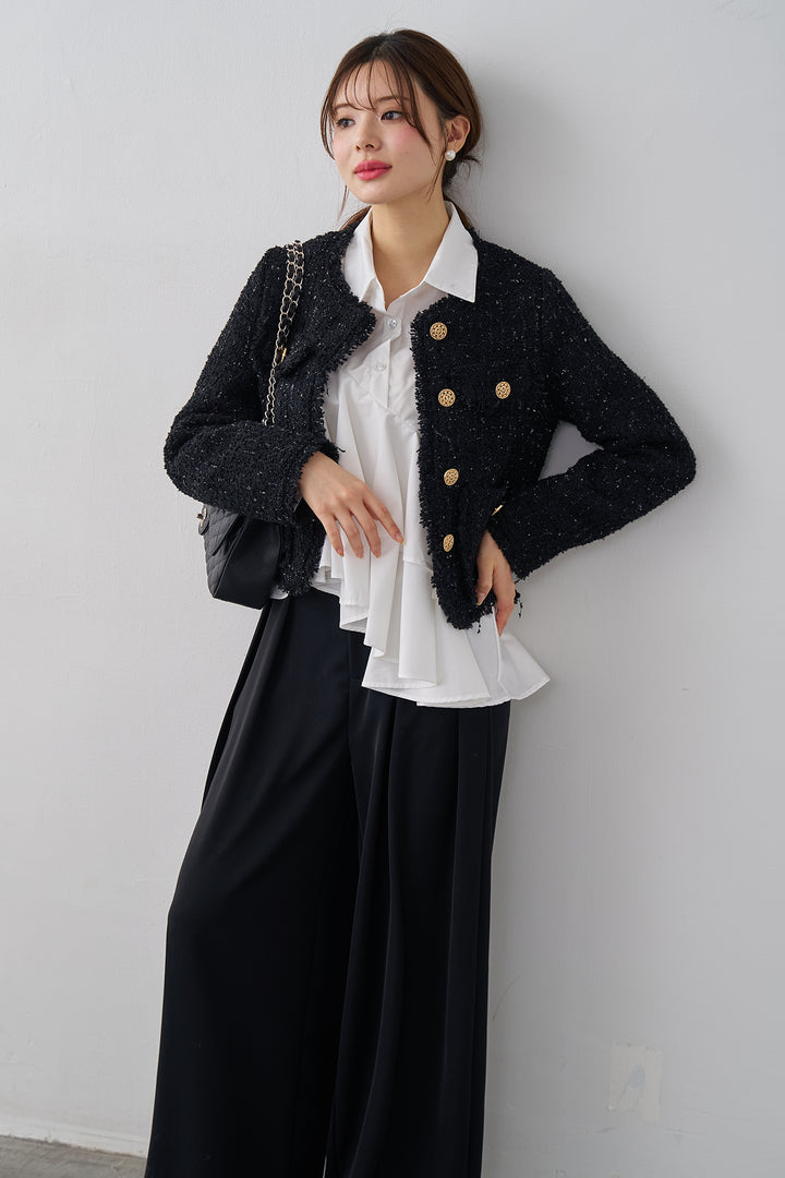 [予約/SET]フリンジツイードゴールドボタンジャケット+エステルツイルタックワイドカラーパンツ(2set)