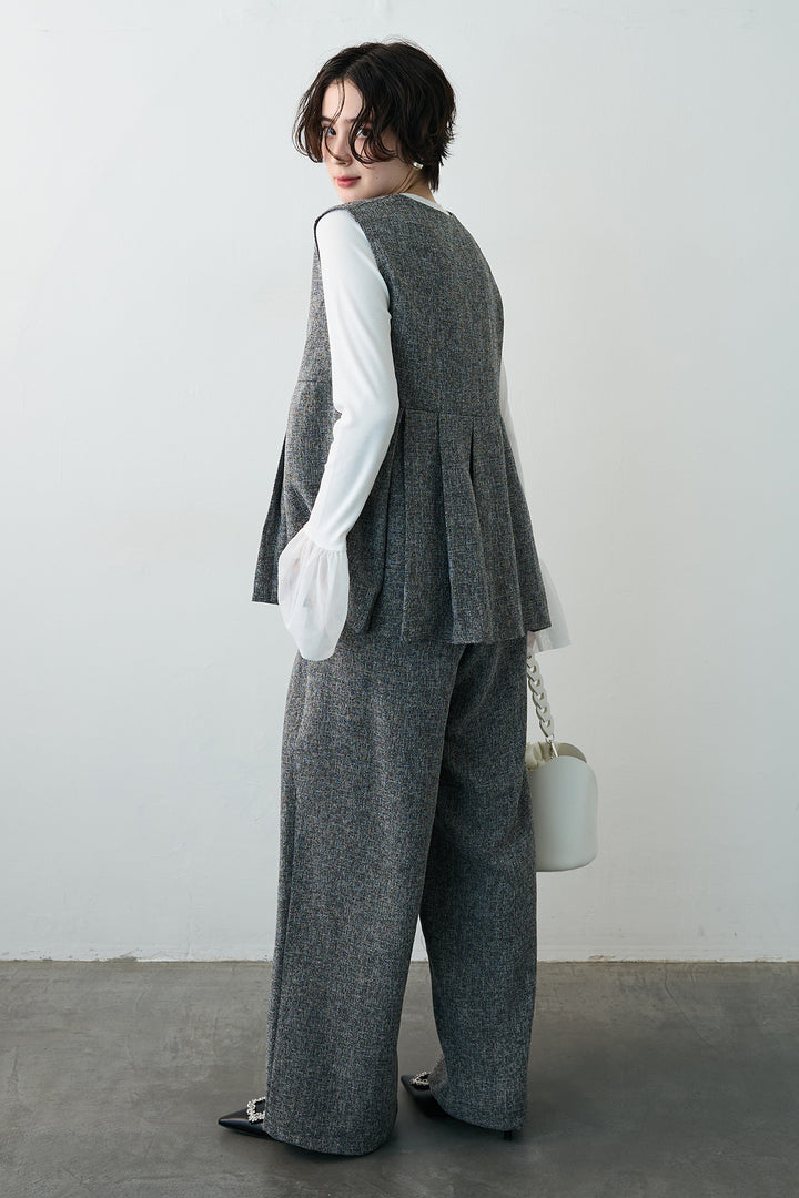 [予約/SET]サマーツイードボックスプリーツベスト+サマーツイードウエストラインタックパンツ(2set)