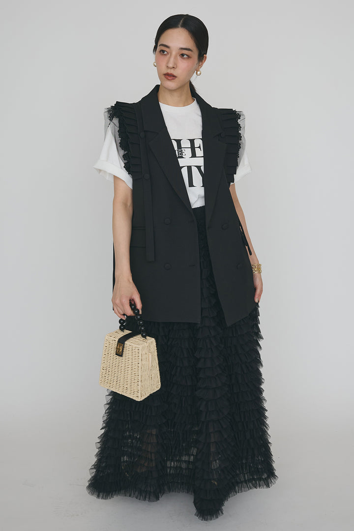 [予約/SET]ThecityロゴTシャツ+フリルショルダーテーラーマニッシュベスト+ホイップチュールティアードスカート(3set)