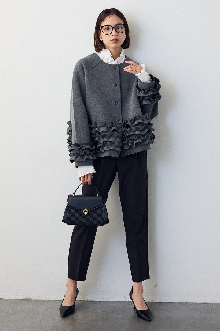 [予約/SET]ローズモチーフフリルカラーシャツ+フリルティアードボンディングクロップドコート+タックテーパードパンツ(3set)