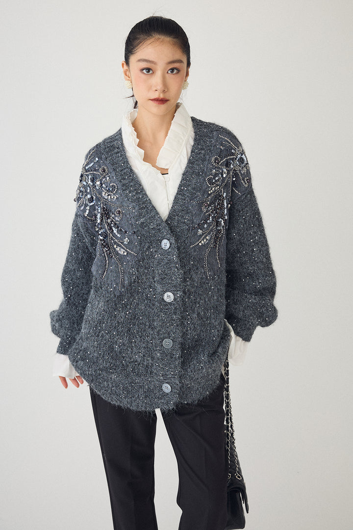 [予約/SET]ダブルプリーツカラーブラウス+ビーズフラワースパンコールシャイニーニットカーデ+タックテーパードパンツ(3set)