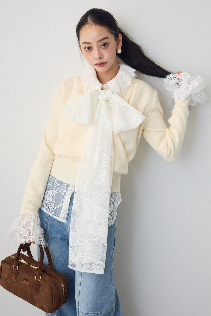 [予約/SET]クラシカルレースボウタイブラウス+カシュクールデザインニット+ステッチ美ラインカーブデニムパンツ(3set)