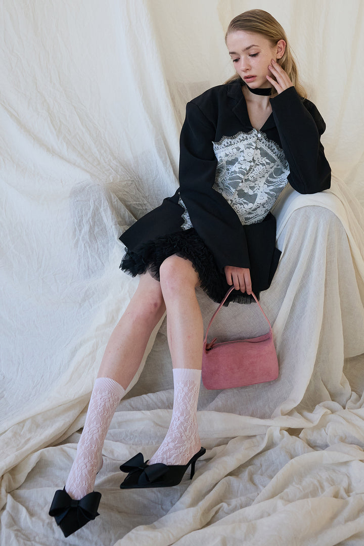 [予約/SET]美ラインウエストレースデザインジャケット+ホイップチュールミニ丈スカート(2set)