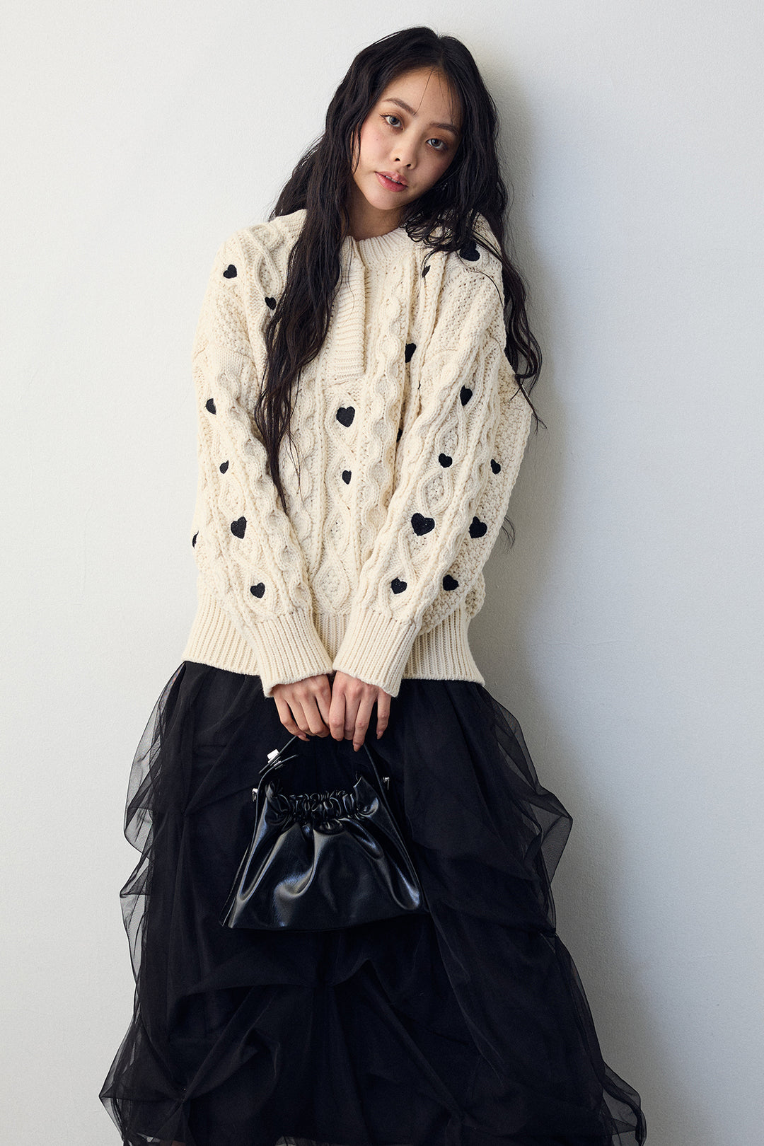 [予約/SET]ハート刺繍ケーブルデザインニット+マルチパターンタックチュールスカート(2set)