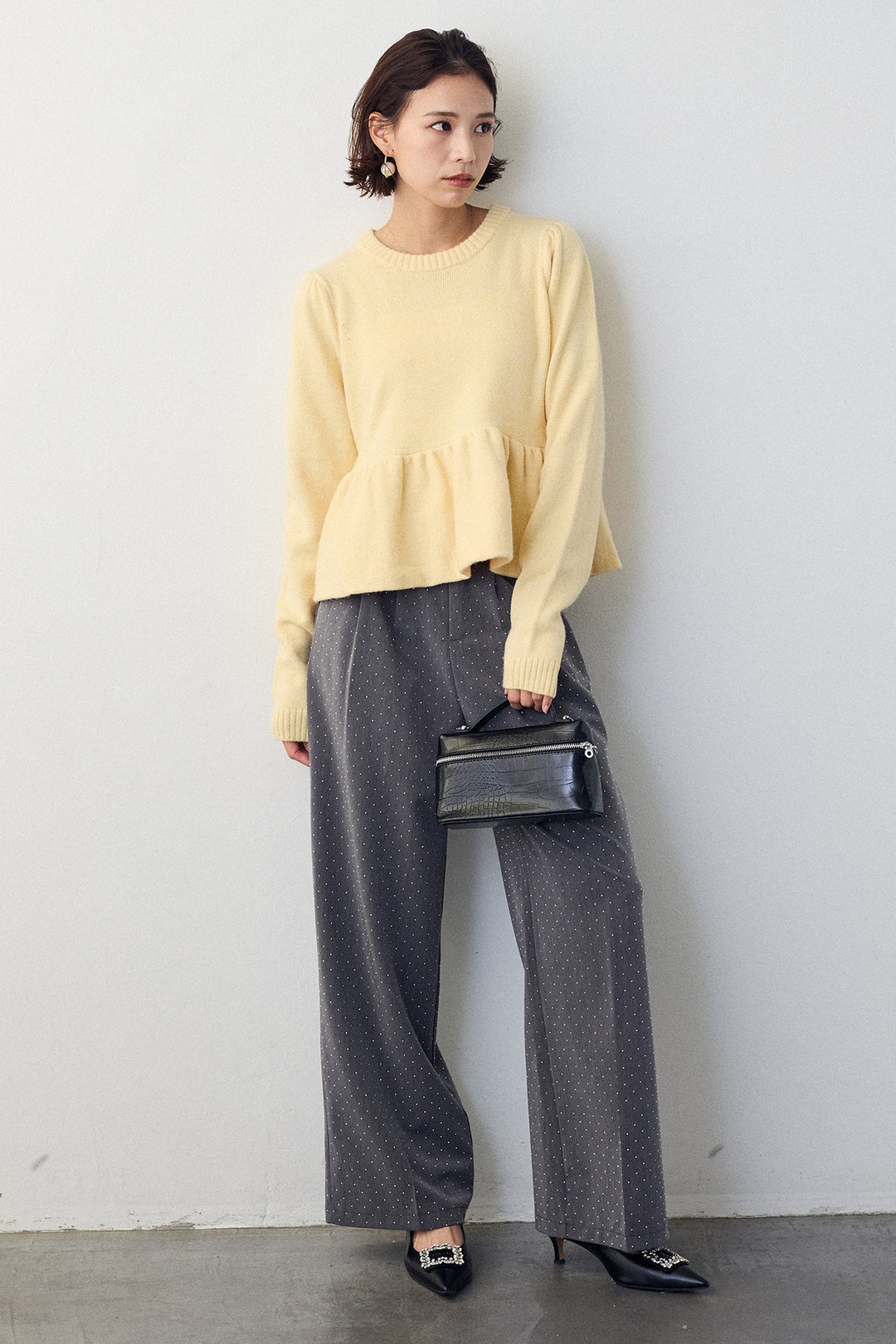 [予約/SET]アルパカタッチバルーンヘムニットプルオーバー+ラインストーンストレートパンツ(2set)