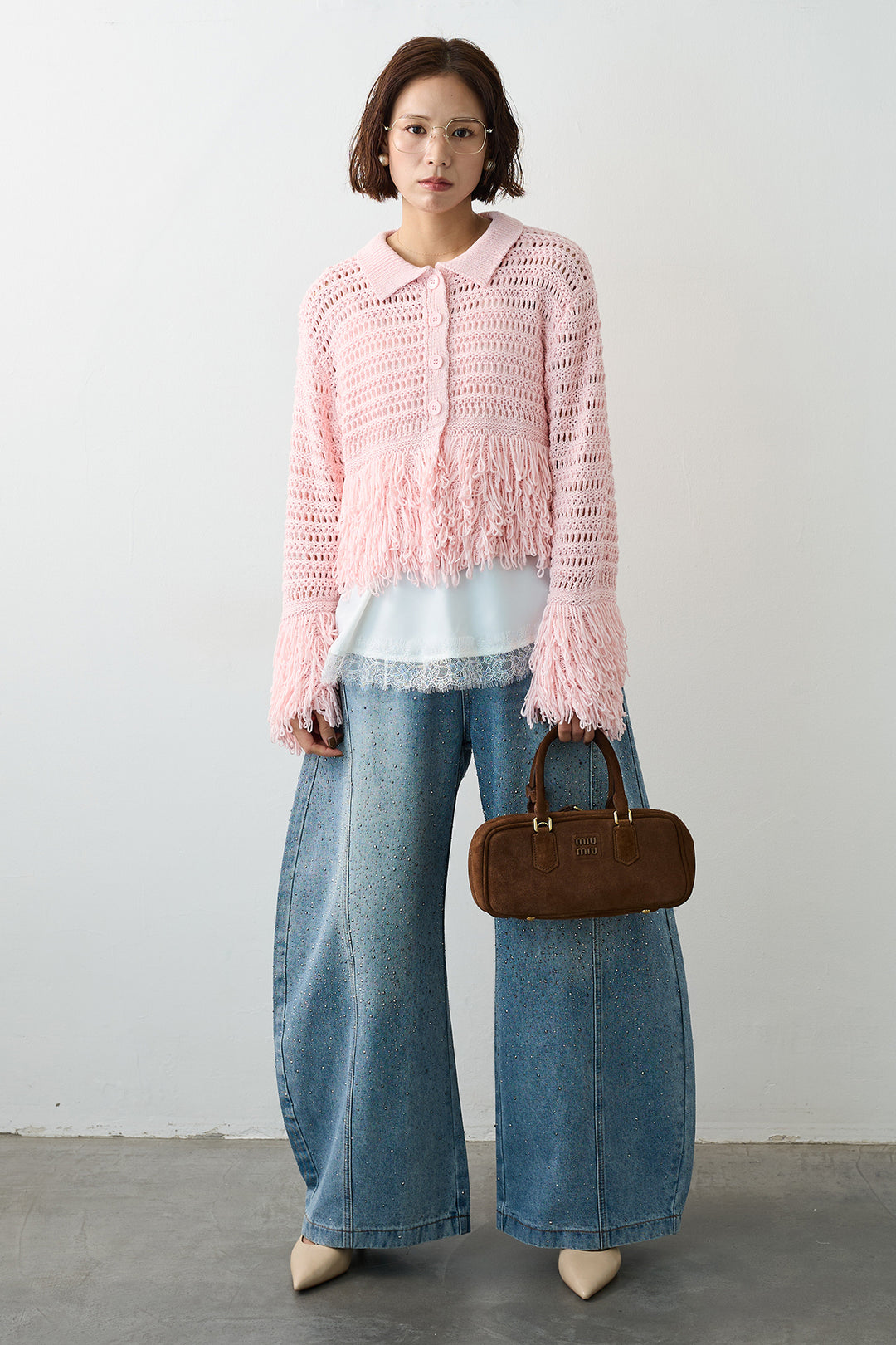 [予約/SET]繊細レースサテンキャミ+メッシュフリンジクロップドニット+スパークルラインストーンカーブデニム(3set)