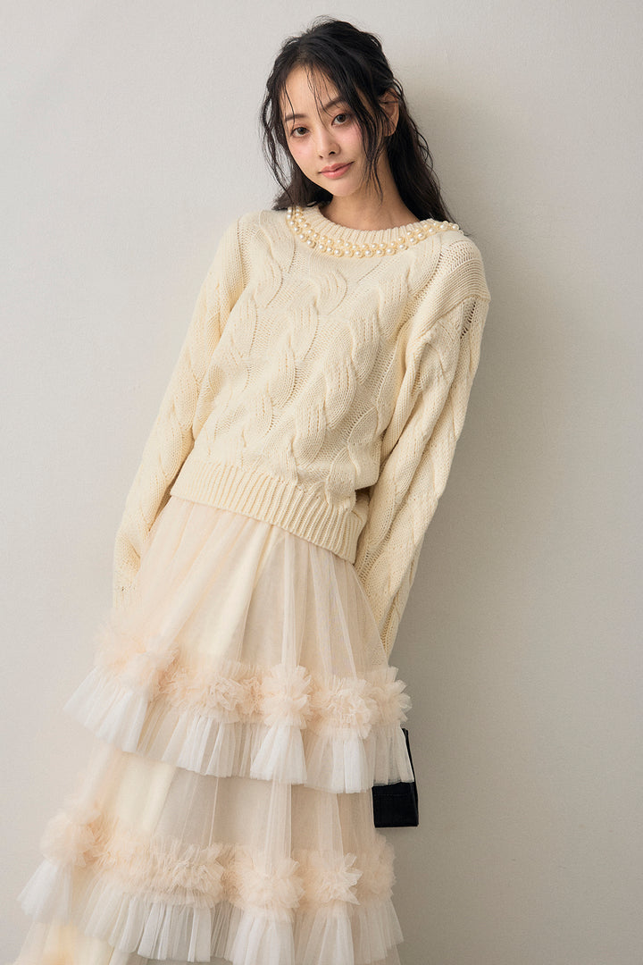 [予約]ネックパールケーブル編みニット