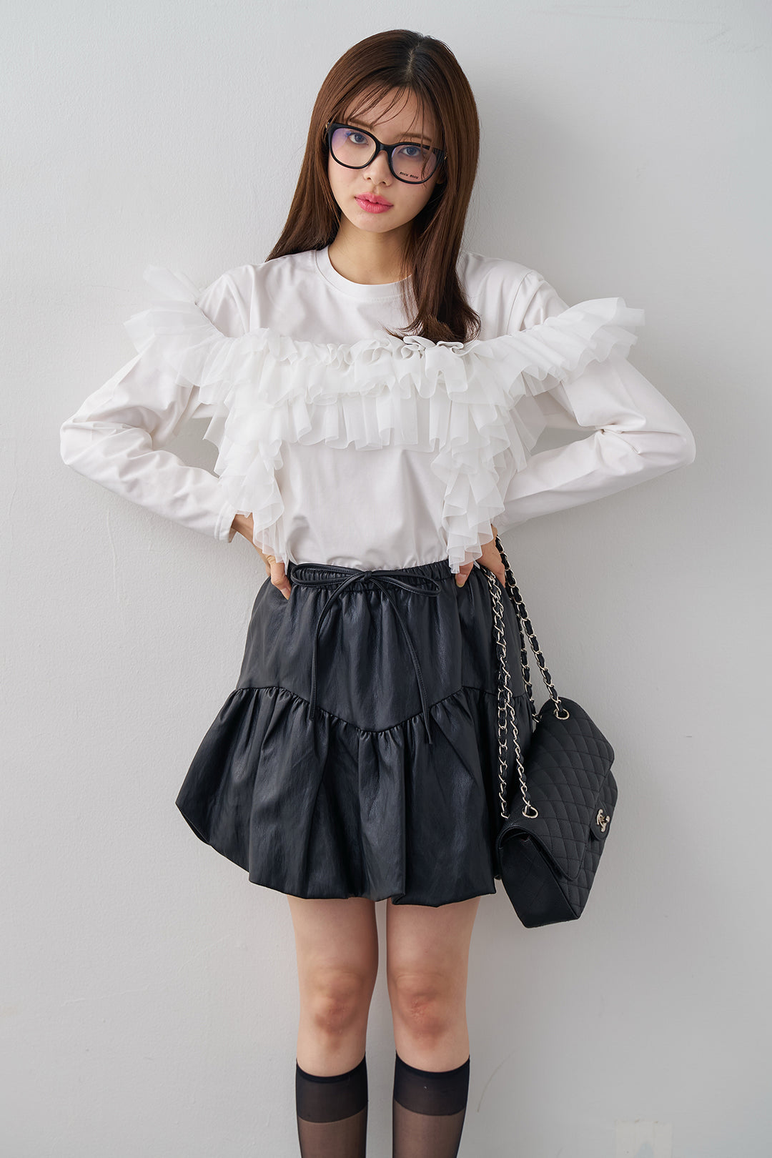 [予約/SET]マルチwayフリルカットトップス+フェイクレザーティアードバルーンミニスカート(2set)