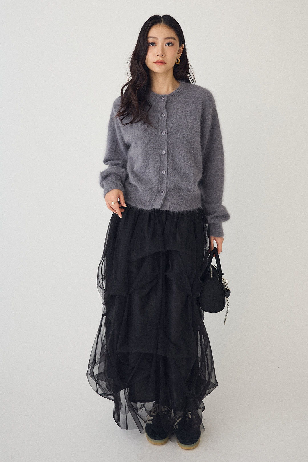 [予約/SET]ウールソフトカーディガン+マルチパターンタックチュールスカート(2set)
