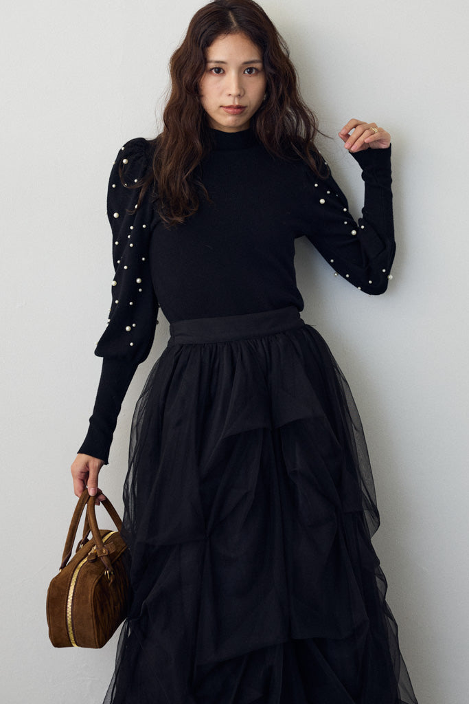 [予約]パフスリーブランダムパールニット