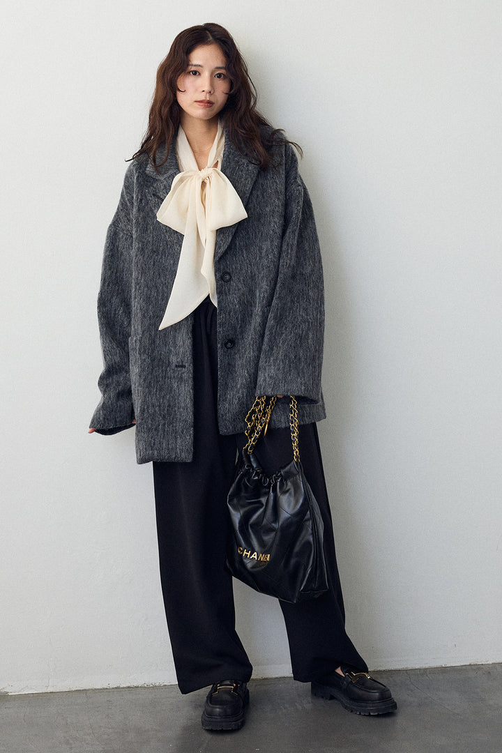 [予約/SET]前後2wayリボンシアーブラウス+シャギーミドル丈コート+2タック美シルエットパンツ(3set)