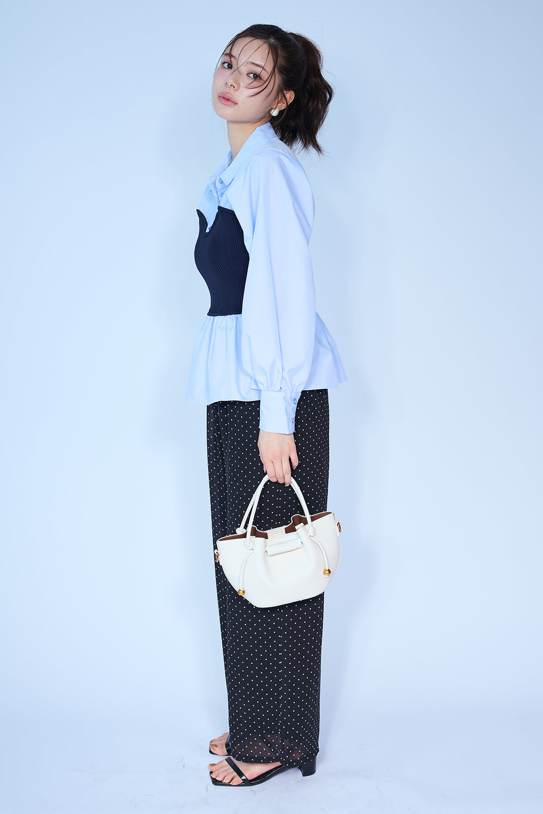 [予約/SET]ビスチェニットドッキングペプラムブラウス+シアードットリラックスパンツ(2set)