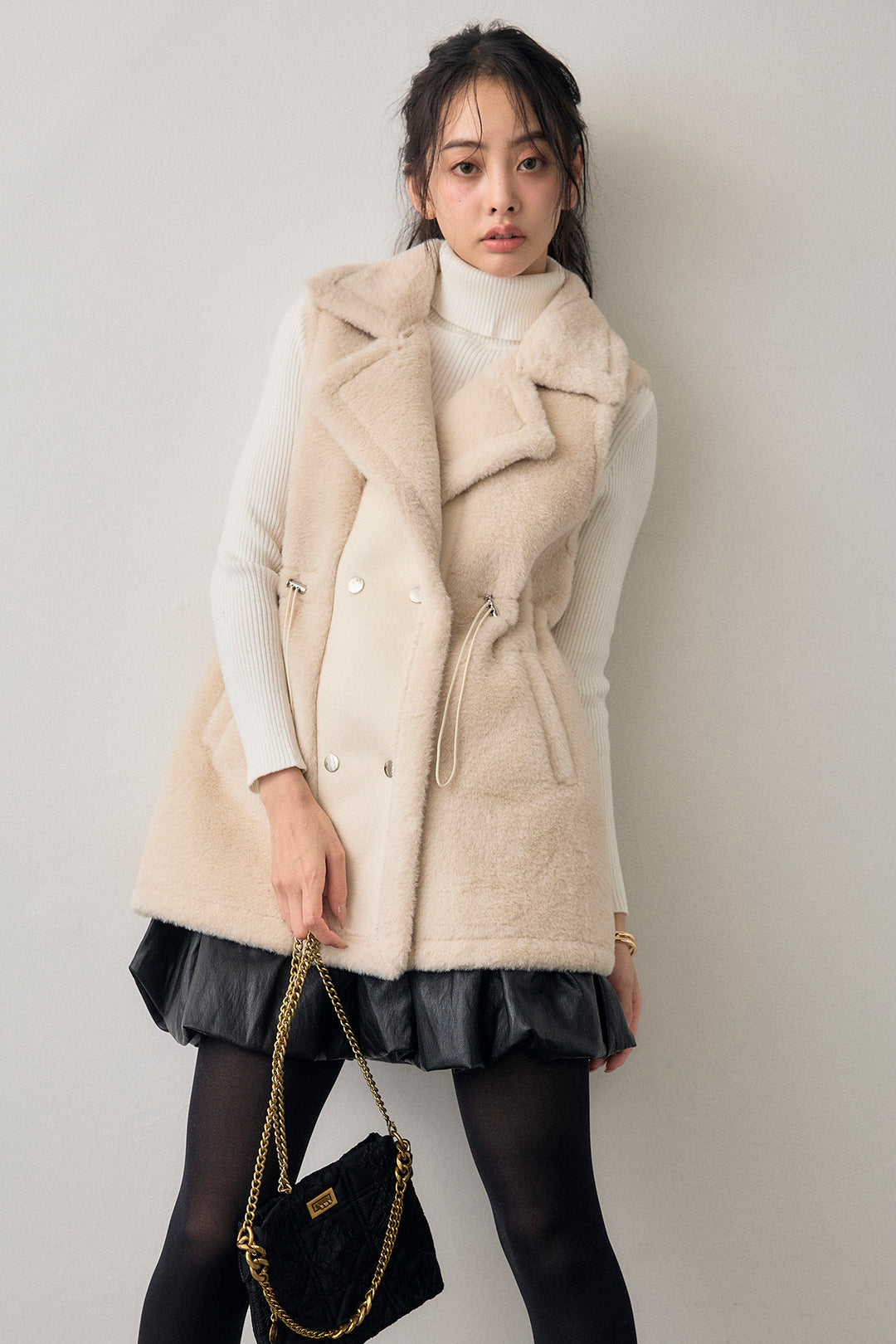 [予約/SET]ベーシックリブタートルニット+テディボアウエストドロストベスト(2set)