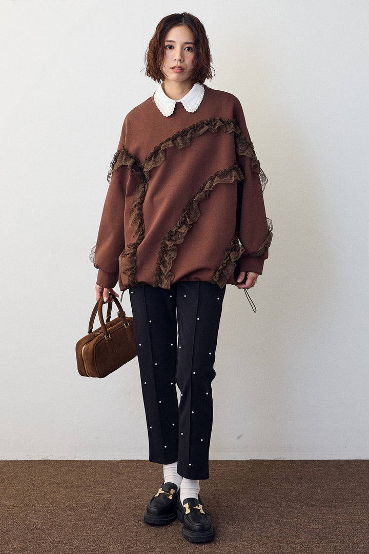 [予約/SET]2連パール付け襟+レースフリルランダムラインスウェット+センターシームランダムパールパンツ(3set)