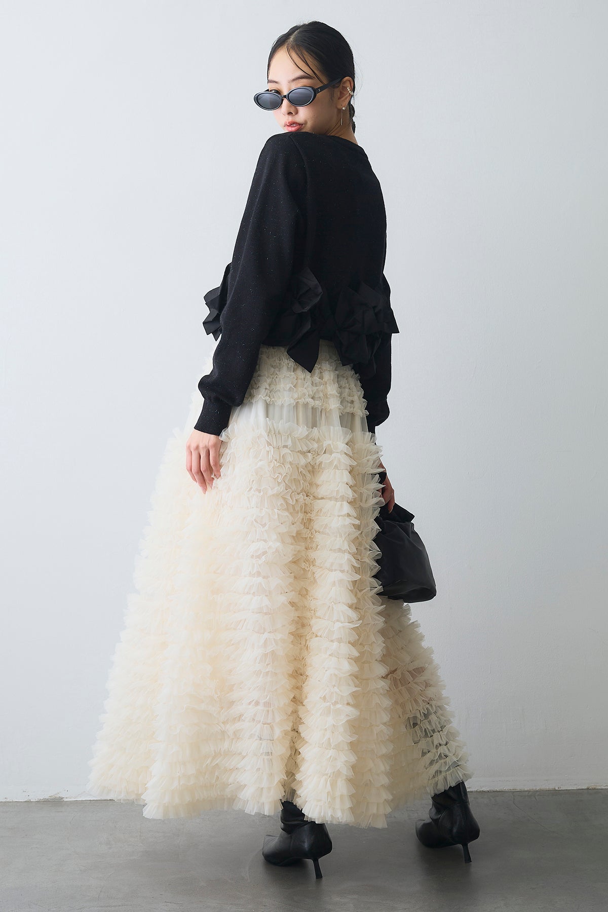 Frene ショートカーデ+ホイップチュールティアードスカート未使用 予約/SET]ヘムリボンデザインショートカーデ+ホイップチュール